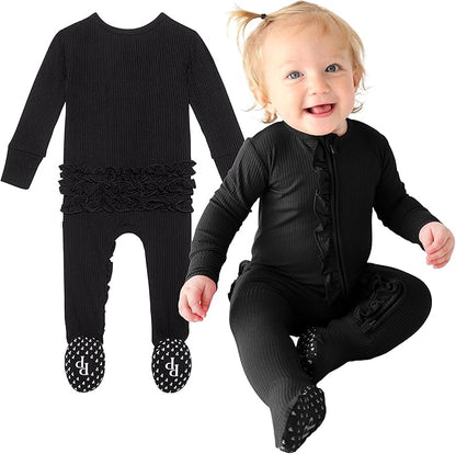 Posh Peanut Footie Pajamas for Baby Girls – Sleepers in Viscose from Bamboo with 2-Way Zipper & Ruffle Trim