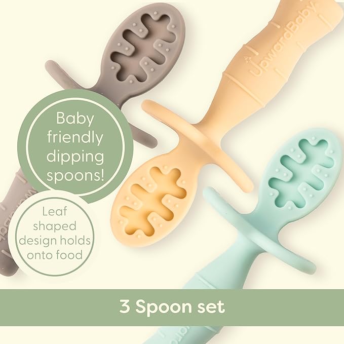Upward Baby Spoons Self Feeding 6+ Months - 3 Pack, Chewable Toddler Utensils with Anti Choke Barrier, Baby Feeding Essentials, Baby Spoons 4 months, Silicone Spoons, Red White Blue