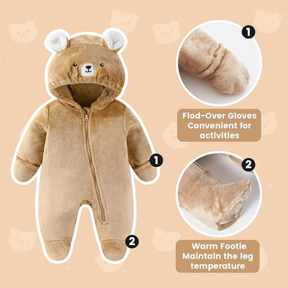 JiAmy Baby Snowsuit Baby Bear Hooded Onesie With Fold-Over Newborn Animals Fleece Outifts Thin Fall Winter Outfits