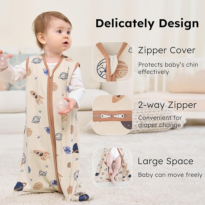 Baby Sleep Sack 18-24 months, 100% Cotton Sleeping Sack for Newborn and Infant, 3 Pack Baby Wearable Blanket for Boy and Girl, 0.5 Tog Lightweight Double Zipper Sleep Bag Coffee Dinosaur Planet
