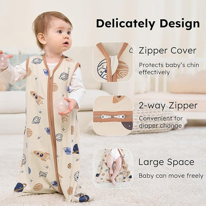 Baby Sleep Sack 18-24 months, 100% Cotton Sleeping Sack for Newborn and Infant, 3 Pack Baby Wearable Blanket for Boy and Girl, 0.5 Tog Lightweight Double Zipper Sleep Bag Coffee Dinosaur Planet