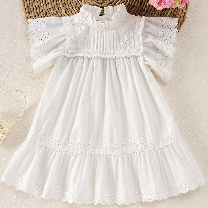 Summer Toddler Girls’ Cotton - Spandex Frilled Princess Dress with Lace Trim and Flutter Sleeves