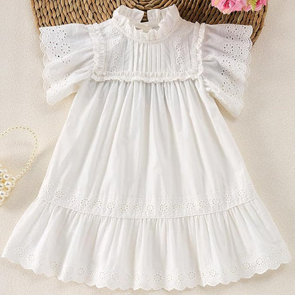 Summer Toddler Girls’ Cotton - Spandex Frilled Princess Dress with Lace Trim and Flutter Sleeves