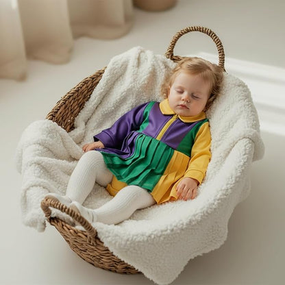 Infant Baby Girl Mardi Gras Outfit Yellow Green Purple Long Sleeve Zipper Romper Dress A-Line Tutu Skirt Bodysuit