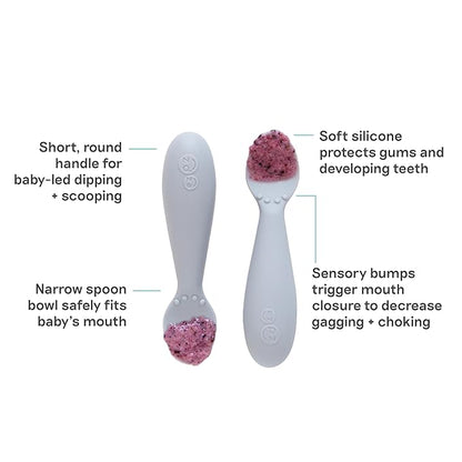 ezpz Tiny Spoon (2 Pack in Pewter) - 6 Months+ - 100% Silicone Spoon for Baby Led Weaning + Purees - Designed by a Pediatric Feeding Specialist - Shower Essentials & Gifts