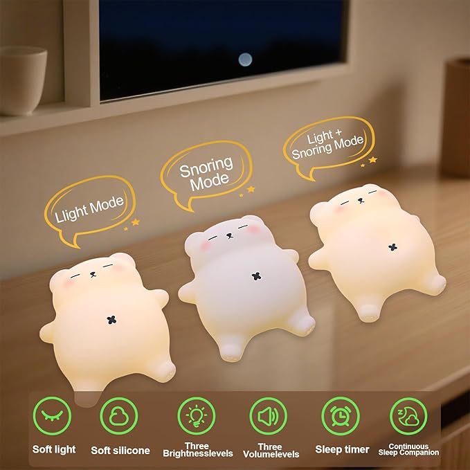 Bear Night Light for Nursery, Rechargeable Soft Silicone Baby Night Lamp with 3-Level Dimming, Touch Control, 30-Min Timer & Soothing Snore Sound, Moving Tummy, Cute Sleepy Bear Kids Bedroom Decor