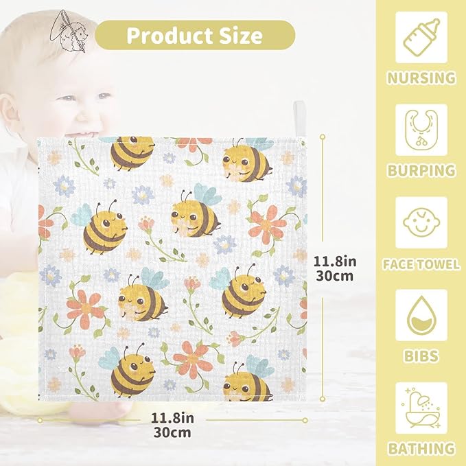 vvfelixl Baby Washcloths Cotton Bumble Bee Flowers Baby Muslin Washcloths Soft Baby Face Towel for Newborn Infants Baby Wipes, 11.8 X 11.8 Inch, 3 Pack White