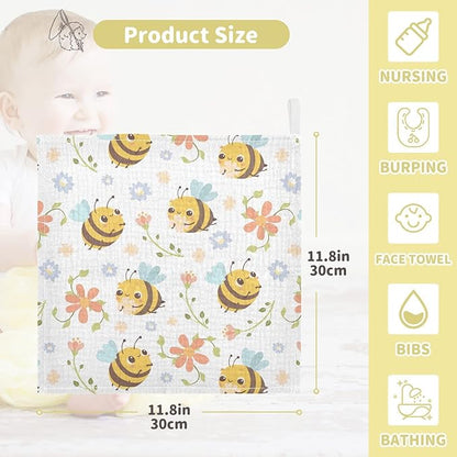 vvfelixl Baby Washcloths Cotton Bumble Bee Flowers Baby Muslin Washcloths Soft Baby Face Towel for Newborn Infants Baby Wipes, 11.8 X 11.8 Inch, 3 Pack White