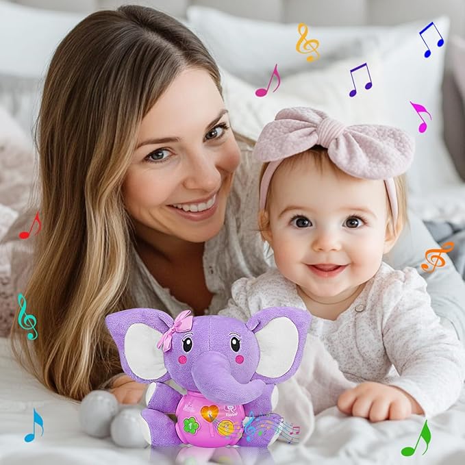 Aitbay Plush Elephant Music Baby Toys 0 3 6 9 12 Months, Cute Stuffed Aminal Light Up Baby Toys Newborn Baby Musical Toys for Infant Babies Boys & Girls Toddlers 0 to 36 Months (Purple)