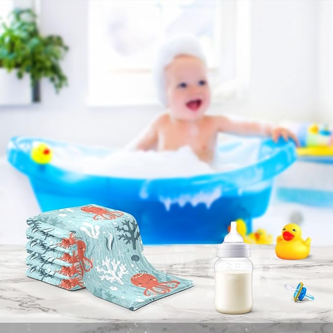 vvfelixl Octopus Swimming Underwater Baby Burp Cloths Baby Muslin Washcloths for Boys Girls Cotton Baby Face Towel for Newborn Infants Soft and Absorbent 11.8 X 11.8 in, 5 Pack