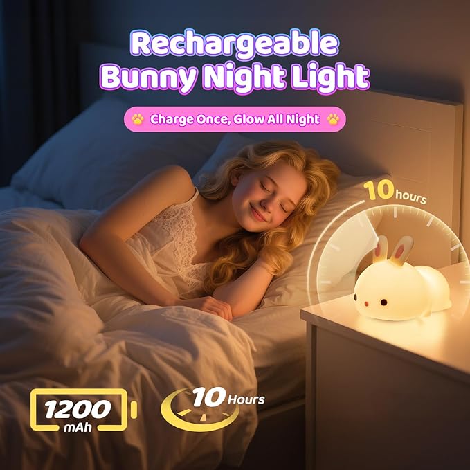 One Fire Night Light for Kids, 16 Colors Bunny Toys Cute Lamp, Soft Silicone Baby Night Light, 1200mAh Portable Dimmable Touch Lamps, Kawaii Room Decor, Easter Bunny Gift for 0-13 Year Old Girl Teens