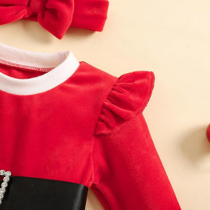 Newborn Infant Baby Girl Christmas Clothes Santa Claus Romper Dress Fur Trim Velvet Jumpsuit Bodysuit Hat Costume