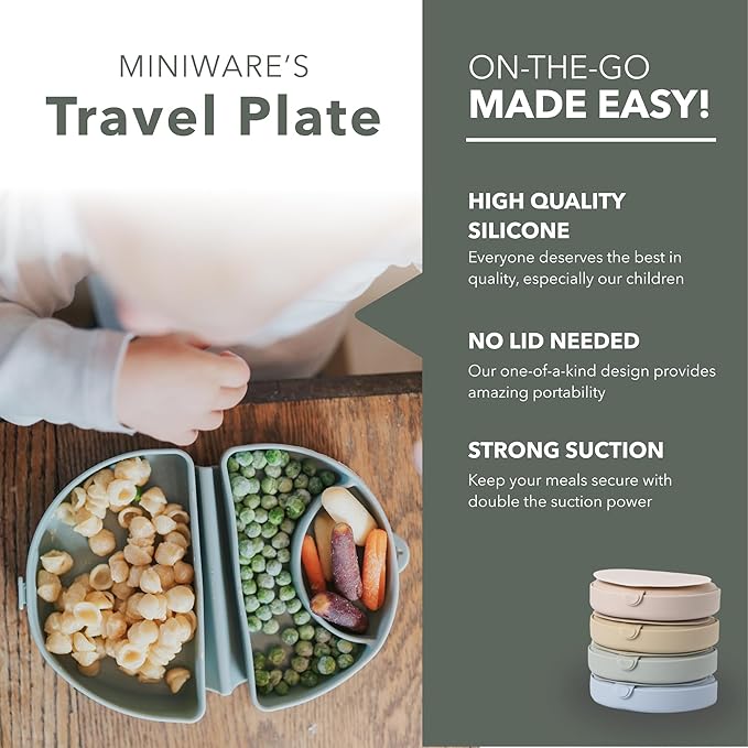 Miniware Baby Travel Plate with Suction - Foldable Silicone Baby Travel Essential to Promote Self-Feeding - Dishwasher Safe, BPA Free, Food Grade Silicone Baby Plate for On The Go - Chickory Silifold