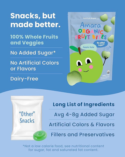 Amara Organic Fruit Bites Apple Kale - No Artificial Colors/Dyes, Added Sugar, Dairy-Free Fruit Snacks, Made with Organic Whole Foods, Healthy Fruit Snacks for Kids - 6 Pack