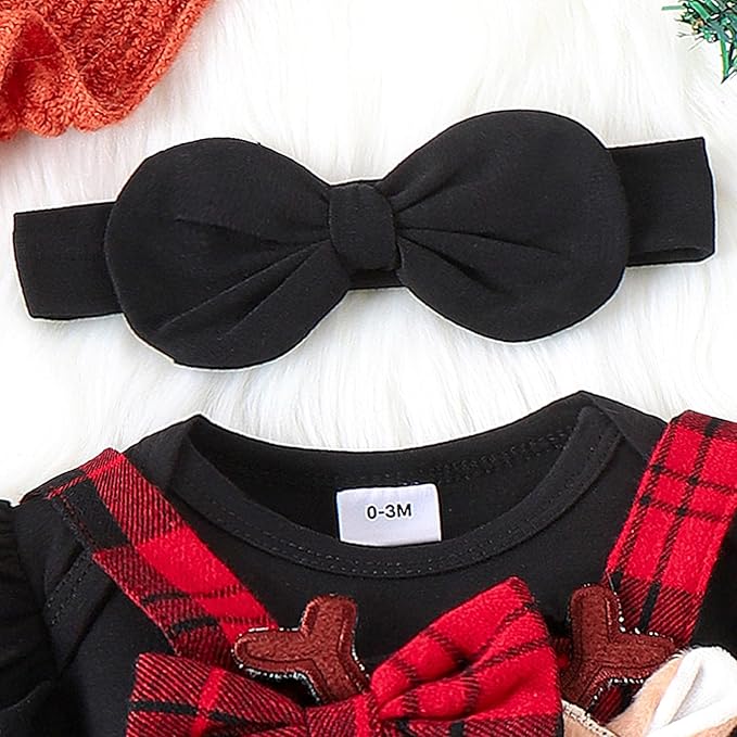 Hnyenmcko Newborn Baby Girl Christmas Clothes Infant Red Plaid Romper Dress Ruffle Long Sleeve Ribbed Bodysuit Headband Set