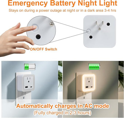 JackonLux Night Lights Plug Into Wall 2 Pack Rechargeable Battery Backup Light Dusk to Dawn Sensor Night Light with Outlet Expander for Adults Kids Bedroom, Kitchen, and Bathroom (Soft White - 3000K)
