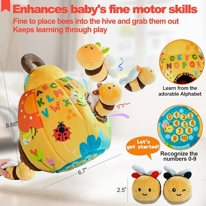 Baby Toys for Baby Infant 0-3-6-12 Months, Soft Beehive Toddlers Busy Toys with 5 Sensory Plush Bees - Bells, Crinkle, Rattles, Mirror & Textures, Stuffed Animals for Boy, Girl Christmas Birthday Gift