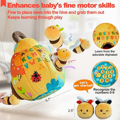 Baby Toys for Baby Infant 0-3-6-12 Months, Soft Beehive Toddlers Busy Toys with 5 Sensory Plush Bees - Bells, Crinkle, Rattles, Mirror & Textures, Stuffed Animals for Boy, Girl Christmas Birthday Gift