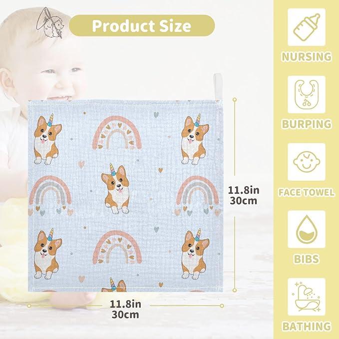 vvfelixl Baby Muslin Washcloths Corgi Hearts Rainbows Baby Burp Cloths Cotton Baby Face Towel for Newborn Infants Boys Girls Soft and Absorbent 11.8 X 11.8 in, 3 Pack