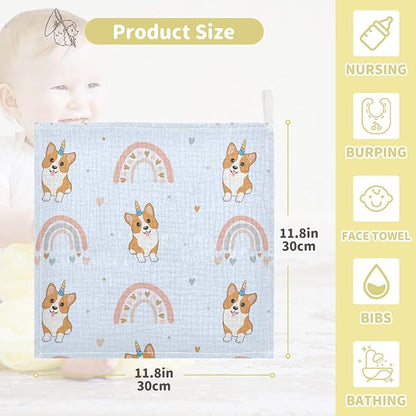 vvfelixl Baby Muslin Washcloths Corgi Hearts Rainbows Baby Burp Cloths Cotton Baby Face Towel for Newborn Infants Boys Girls Soft and Absorbent 11.8 X 11.8 in, 3 Pack