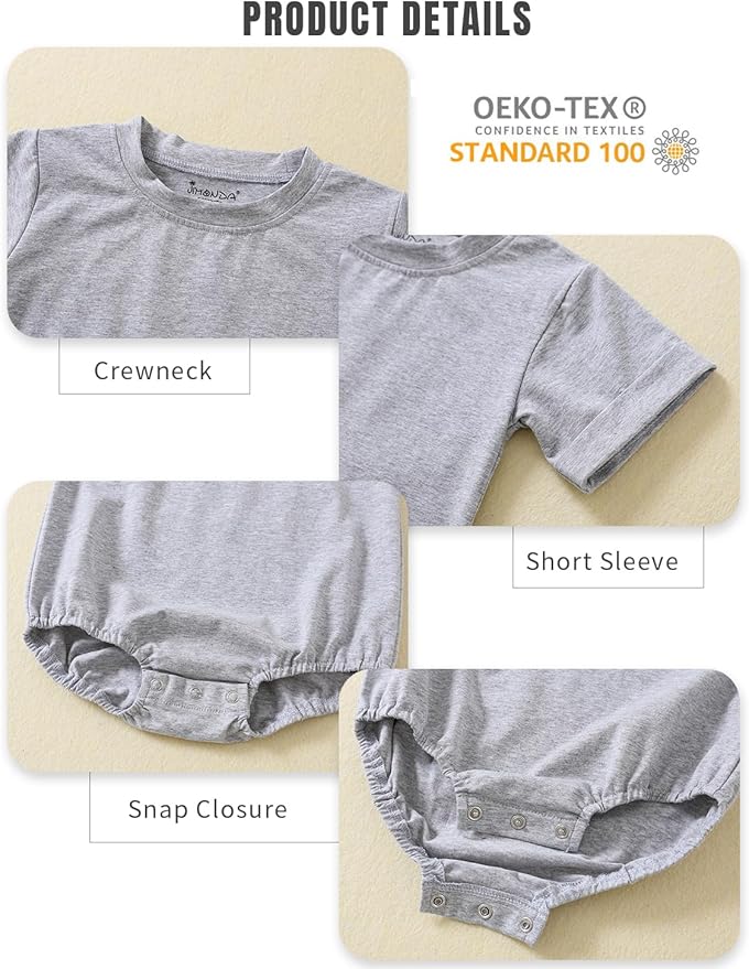 Jimonda Baby Boy Girl Bubble Romper Solid Color Bodysuit Short Sleeve Organic Cotton T-Shirt