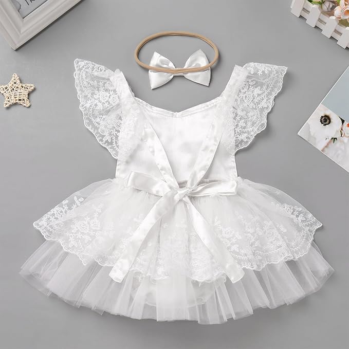 FYMNSI Infant Baby Girl 1st Birthday Outfit Floral Lace Tulle Romper Tutu Dress Headband 2PCS Bodysuit Princess Summer Clothe
