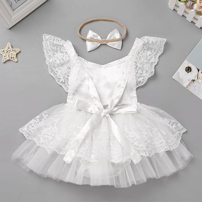 FYMNSI Infant Baby Girl 1st Birthday Outfit Floral Lace Tulle Romper Tutu Dress Headband 2PCS Bodysuit Princess Summer Clothe