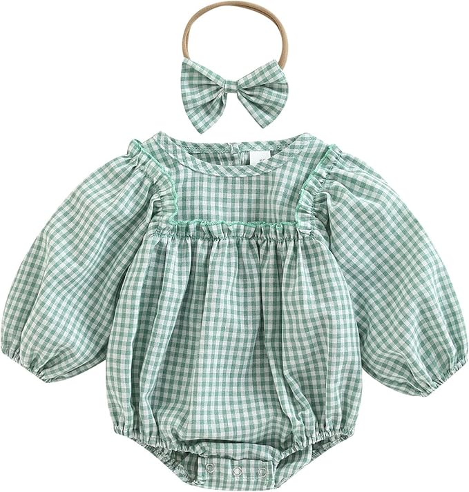 Douhoow Infant Baby Girl Plaid Romper Baby Sweatshirt Romper Ruffle Festival Clothes Fall Winter Outfits with Headband
