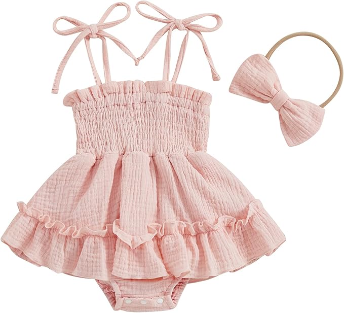 Newborn Baby Girl Bodysuit Sleeveless Halter Frill Romper One-piece Jumpsuit with Headband Summer Clothes Set