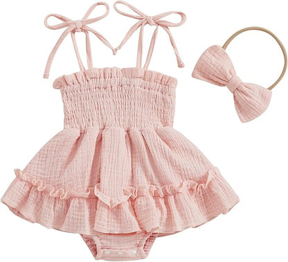 Newborn Baby Girl Bodysuit Sleeveless Halter Frill Romper One-piece Jumpsuit with Headband Summer Clothes Set