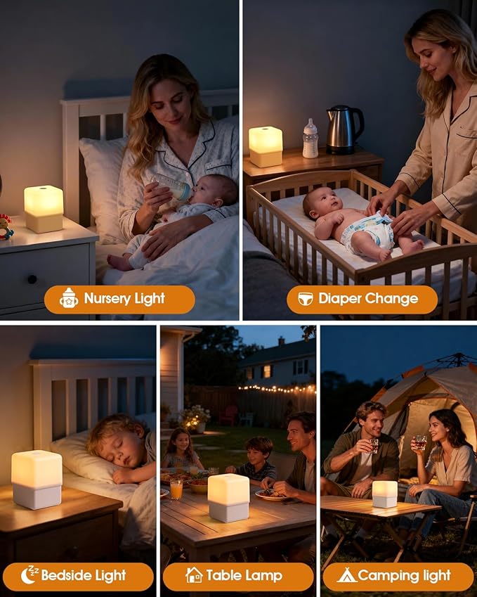 JJ&RY Cool Lift Touch Lamps for Nightstand, Cordless Warm Night Light for Baby Nursery/Sleep Aid, Dimmable/2600K Amber/2000mAh Rechargeable, Small Bedside Nightlight for Kids and Adults' Bedroom