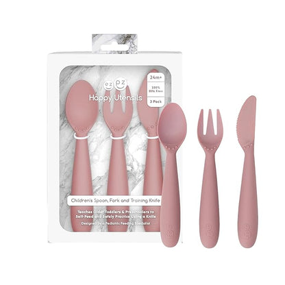 ezpz Happy Utensils (Blush) - 24 Months+ - BPA Free Toddler Utensils - Fork, Spoon and Knife for Toddlers and Preschoolers - Kids for Self-Feeding Development