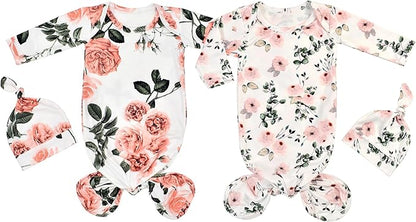 Newborn Baby Sleeper Gown - Knotted Nightgown Coming Home Outfits for Baby Girl - 2-Piece Set With Hat