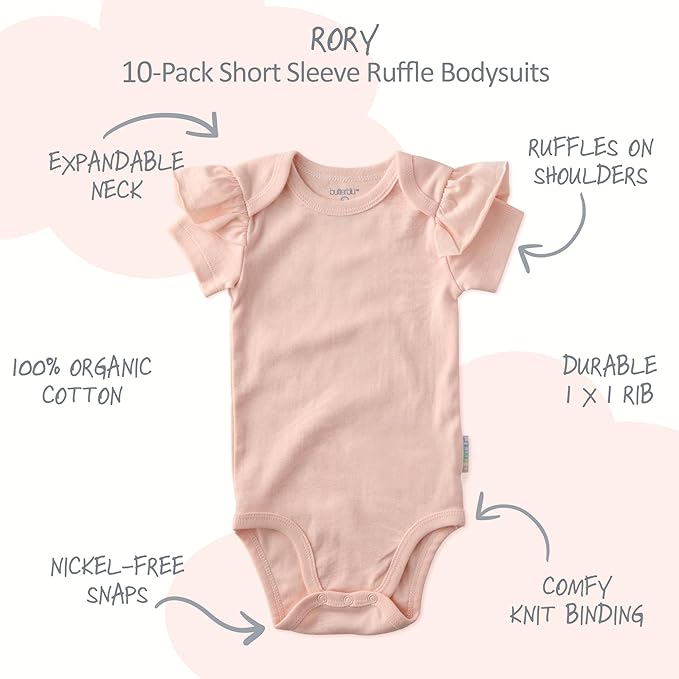 Rory 10-Pack Short Sleeve Ruffle Shoulder Bodysuits 100% Organic Cotton for Baby Girls