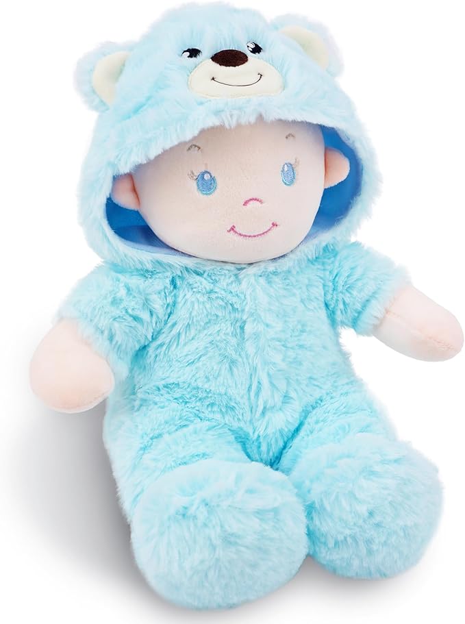 June Garden 12" Sweet Dolly Fuzzy - Stuffed Ultra Soft Baby Bear Doll for Birth and Up - Removable Blue Outfit
