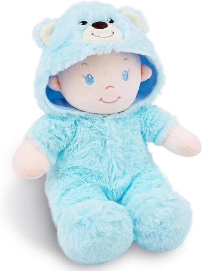 June Garden 12" Sweet Dolly Fuzzy - Stuffed Ultra Soft Baby Bear Doll for Birth and Up - Removable Blue Outfit