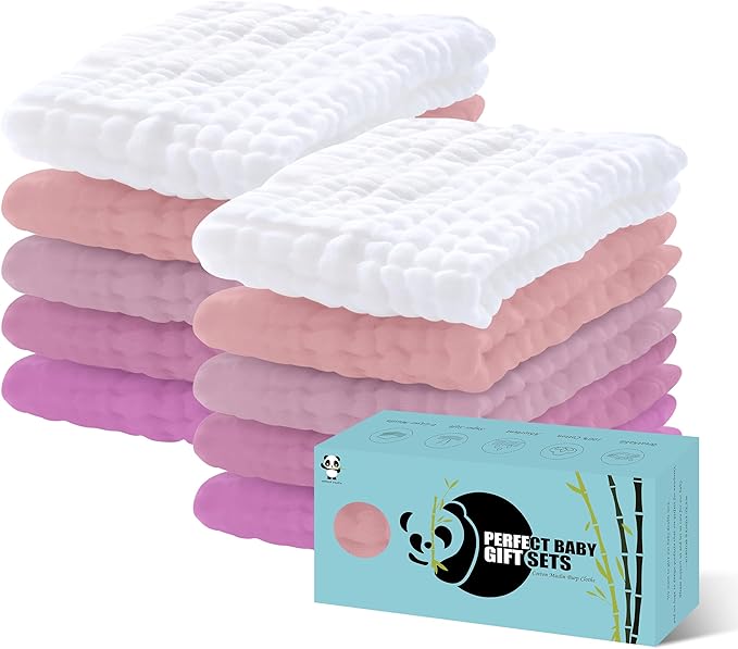 HIPHOP PANDA 10 Pack 6-Layers Muslin Burp Cloths Large - Durable 100% Cotton - Extra Absorbent and Soft Boys & Girls Rags for Newborn Registry (White+Sakura Series, 20" X10")