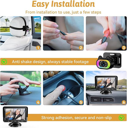 Baby Car Camera 2-Pack – HD 1080P, 150° Wide Angle, Night Vision, Adjustable LED Light, Easy Installation, Infant Safety, Rear Seat Monitoring for Car Travel