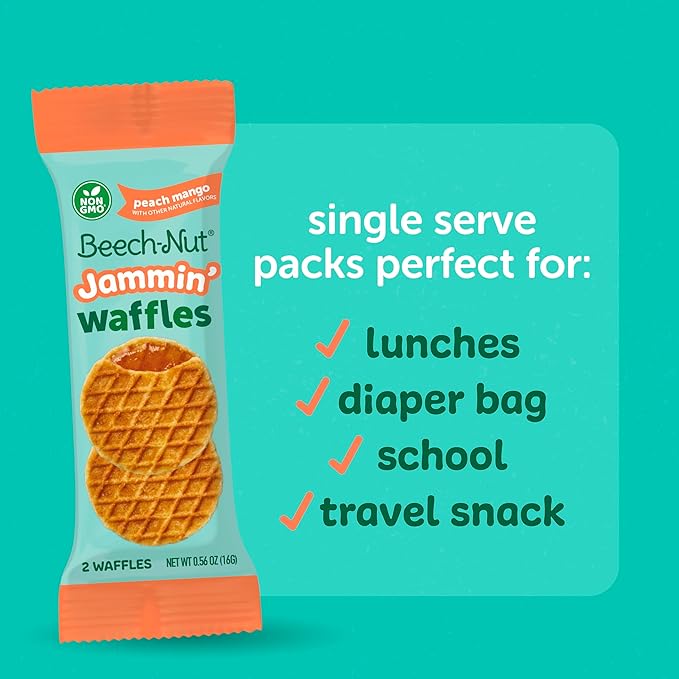 Beech-Nut Toddler Snacks Jammin' Waffles with Fruit Filling for Babies & Toddlers, Peach Mango, 10 Boxes (50 Individually Wrapped Packs)