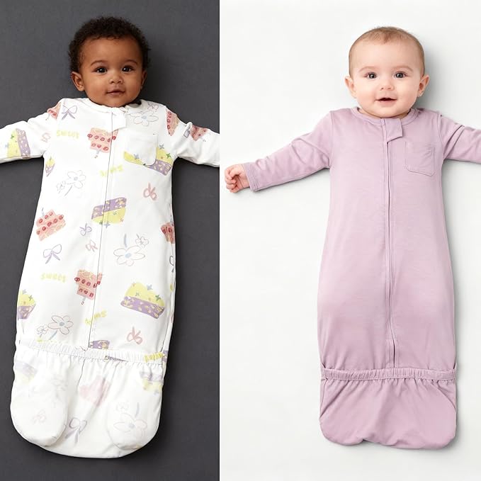 Aablexema Baby Nightgowns Rayon of Bamboo, 2Pcs Newborn Sleeper Gown with 2-way Zipper, Flip Mittens & Foot Cover