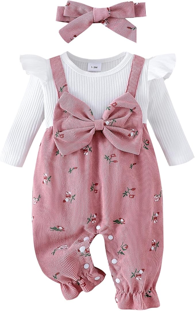 Infant Baby Girl Fall Outfit Romper Cherry Print Fake Two Pieces Patchwork Bow Jumpsuit Newborn Winter Clothes