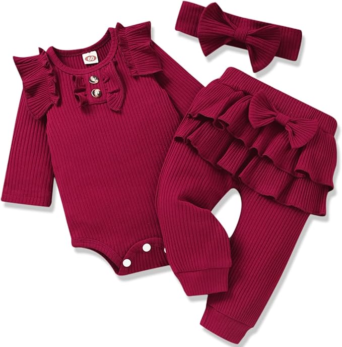 Aalizzwell Preemie Newborn Infant Baby Girls Clothes Ribbed Bodysuit Pants Set Fall Winter Outfits