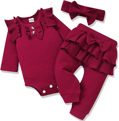 Aalizzwell Preemie Newborn Infant Baby Girls Clothes Ribbed Bodysuit Pants Set Fall Winter Outfits