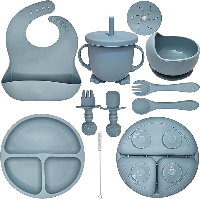 Baby Led Weaning Supplies | 10 Piece Silicone Baby Feeding Set | Baby Toddler Bib Cup Divided Plate and Bowl Self Feeding Spoons Dish Set | Baby Utensils | Toddler Feeding Supplies (Sky)