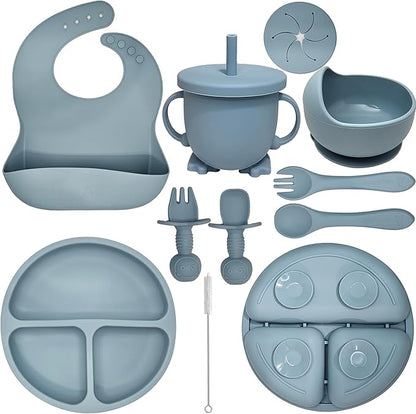 Baby Led Weaning Supplies | 10 Piece Silicone Baby Feeding Set | Baby Toddler Bib Cup Divided Plate and Bowl Self Feeding Spoons Dish Set | Baby Utensils | Toddler Feeding Supplies (Sky)
