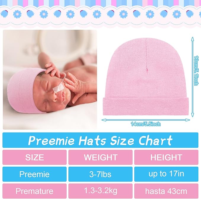 Newcotte 6 Pcs Preemie Baby Hats Cotton Preemie Caps Warm Newborn Beanie Premature Hat for Nicu Premature Boy Girl