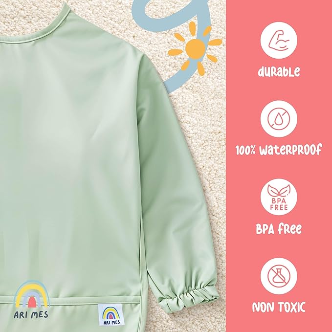 ARI MES Long Sleeves Waterproof Baby Bibs for Eating - Green, Large- Wearable, Coverall for Toddler, Long Sleeve Bib, Smock Apron for Feeding - Applicable for 6-72 Months