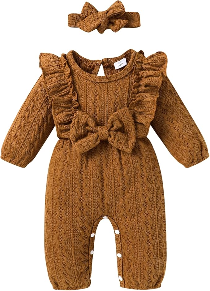 Happy Town Baby Girl Romper Infant Fall Winter Clothes Ruffle Sweater Long Sleeve Bodysuit Jumpsuit and Headband