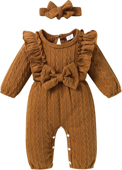 Happy Town Baby Girl Romper Infant Fall Winter Clothes Ruffle Sweater Long Sleeve Bodysuit Jumpsuit and Headband