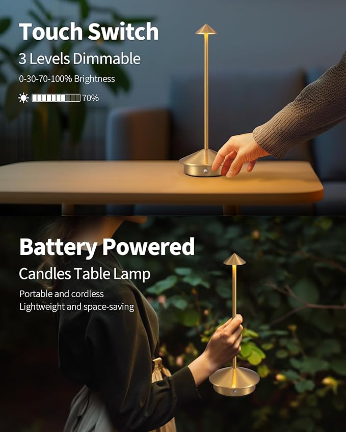 Modern Cordless Table Lamp Set of 2, Portable LED Desk Lamps, 5000mAh Rechargeable Battery Operated Lighting for Bedroom Dining Room Restaurant Coffee Shop Camping Night Light (Gold)